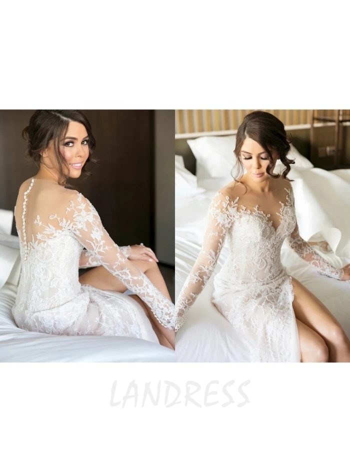 2 in 1 A-line Lace Bridal Gown,Long Sleeves Princess Wedding Gown,12258
