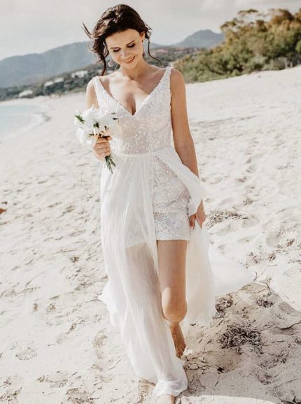 V-neck Chiffon Wedding Dress,Beach Wedding Dress,12023
