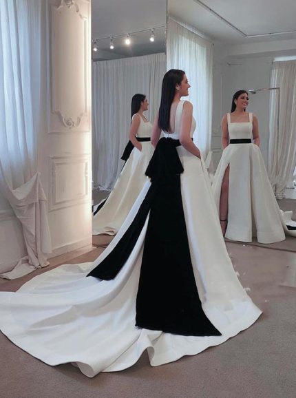 A-line Satin Bridal Dress with Black Belt,Modern Wedding Dress with Pockets,12272