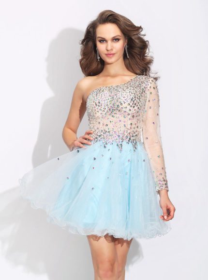 Asymmetrical Homecoming Dress with One Shoulder,Sparkly Cocktail Dress,11485