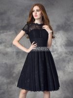 Black Lace Homecoming Dress with Short Sleeves,Short Prom Dress For Teens,11510