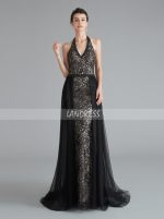Black Prom Dresses,Lace Halter Prom Dress with Tulle Overskirt,12066
