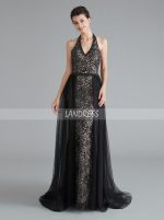 Black Prom Dresses,Lace Halter Prom Dress with Tulle Overskirt,12066