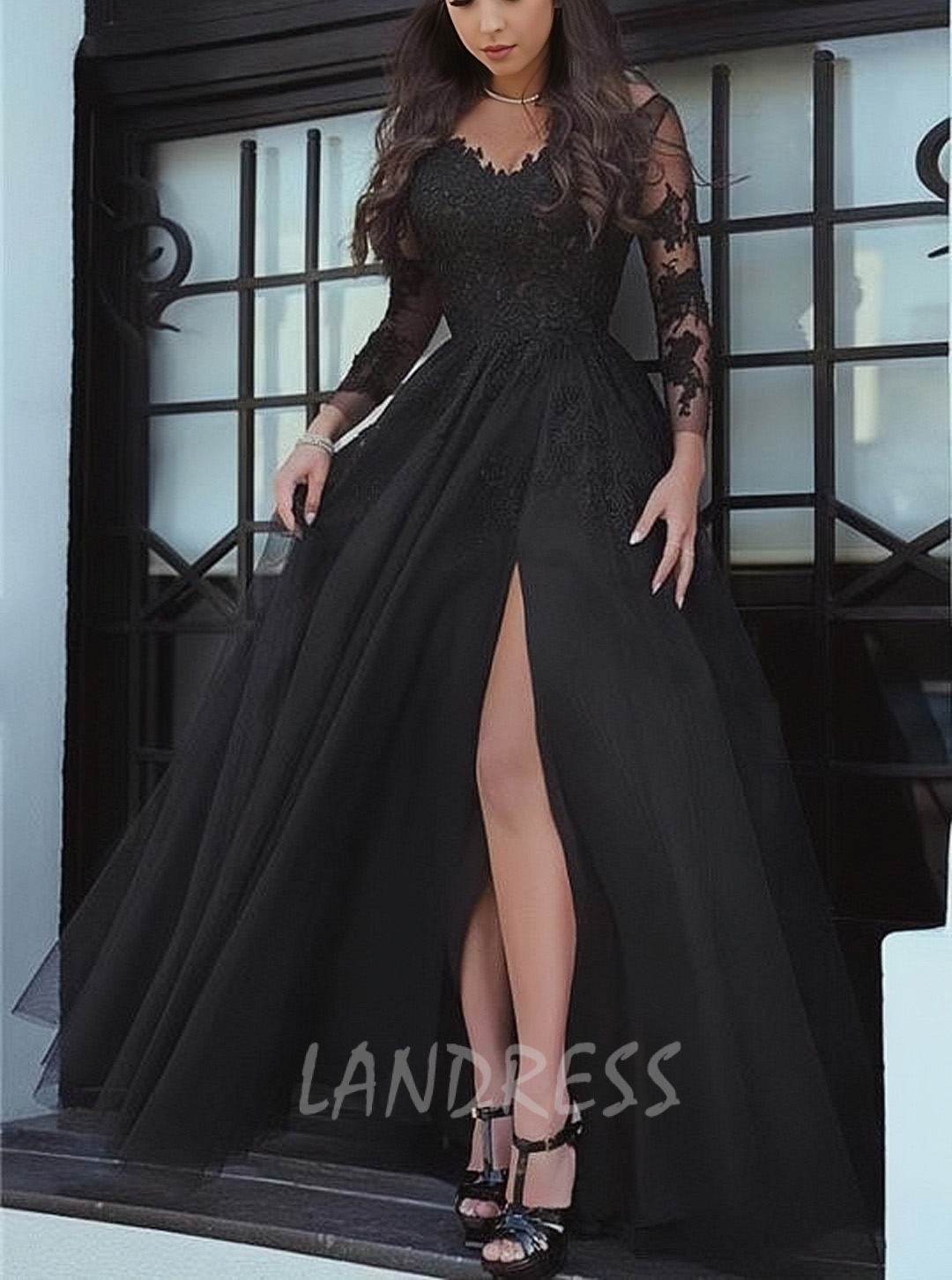 L0979 - Sexy Illusion Asymmetrical Lace Sleeves With Train and High Sl