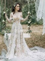 Boho Wedding Dress,Off the Shoulder Lace Wedding Dress,12167