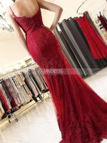 Burgundy Mermaid Evening Dress with Straps,Formal Lace Prom Dress,11970