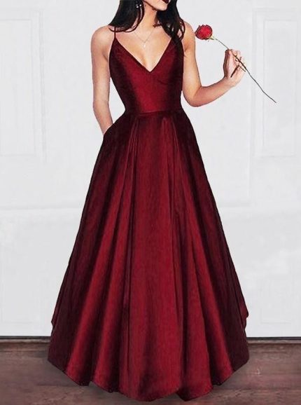 Burgundy Simple Prom Dresses,Full Length Prom Dress,Prom Dress with Pockets,11242