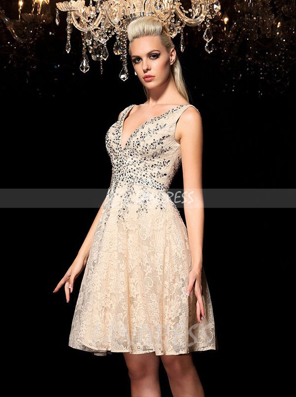 Champagne A-line Homecoming Dresses,V-neck Elegant Short Prom Dress 