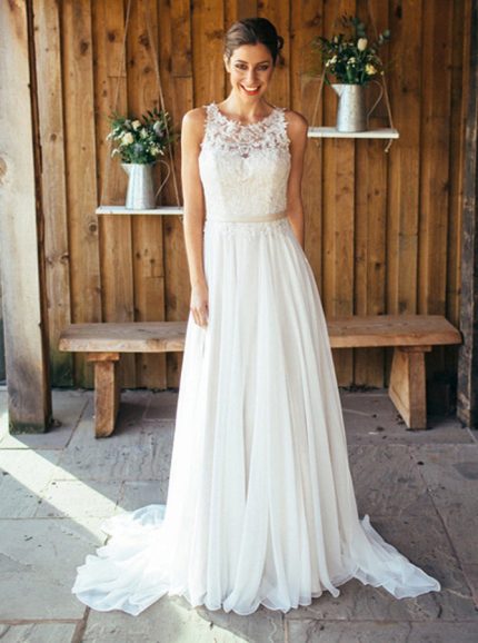Chiffon Beach Wedding Dress,Boho Bridal Dress with Train,11669