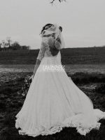 Classic Lace Wedding Dress with Sleeves,Open Back Vintage Bridal Gown,12239