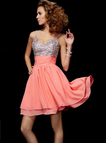 Coral Homecoming Dresses with Straps,Chiffon Cocktail Dress,11455