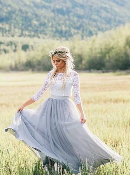 Dusty Blue Outdoor Wedding Dresses,Wedding Dress with Sleeves,12049