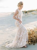 Fit and Flare Lace Gown with See Through Back and Sleeves,12165