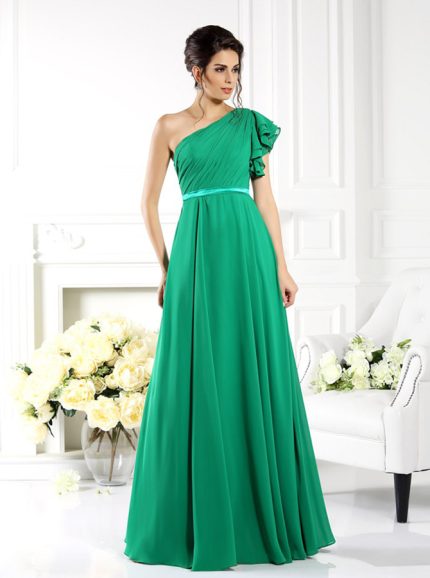 Green Chiffon Bridesmaid Dresses,One Shoulder Bridesmaid Dress,11380