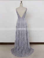 Grey Prom Dresses with Straps,Long Lace bridesmaid Dress,11901