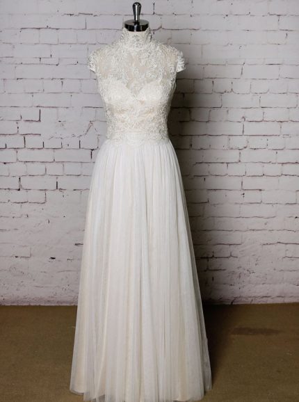 High Neck Wedding Dress,Floor Length Wedding Dress with Cap Sleeves,11629
