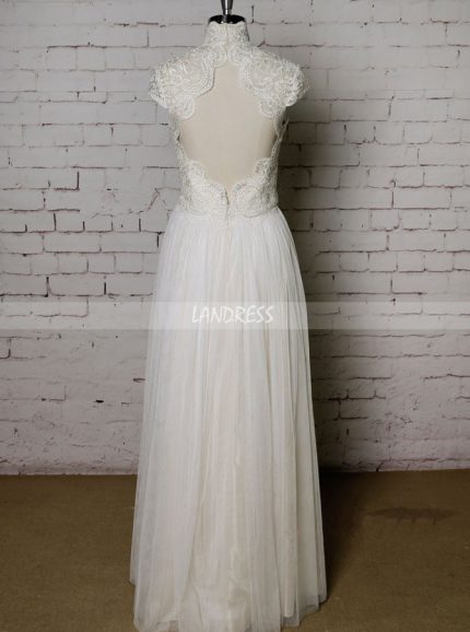 High Neck Wedding Dress,Floor Length Wedding Dress with Cap Sleeves,11629