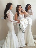 Ivory Mermaid Bridesmaid Dresses with Sleeves,Two Piece Fitted Bridesmaid Dress,11957