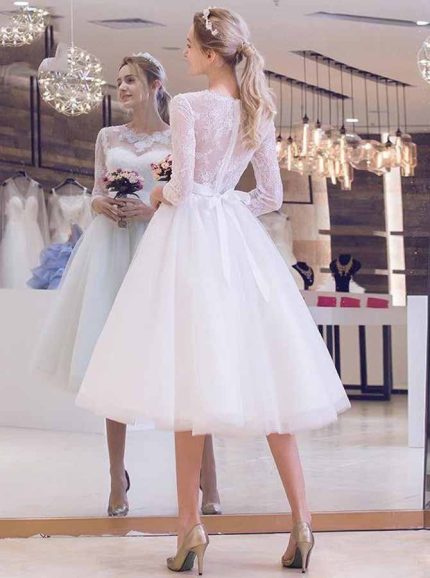 Knee Length Wedding Dress with Sleeves,Elegant Wedding Dress,11960