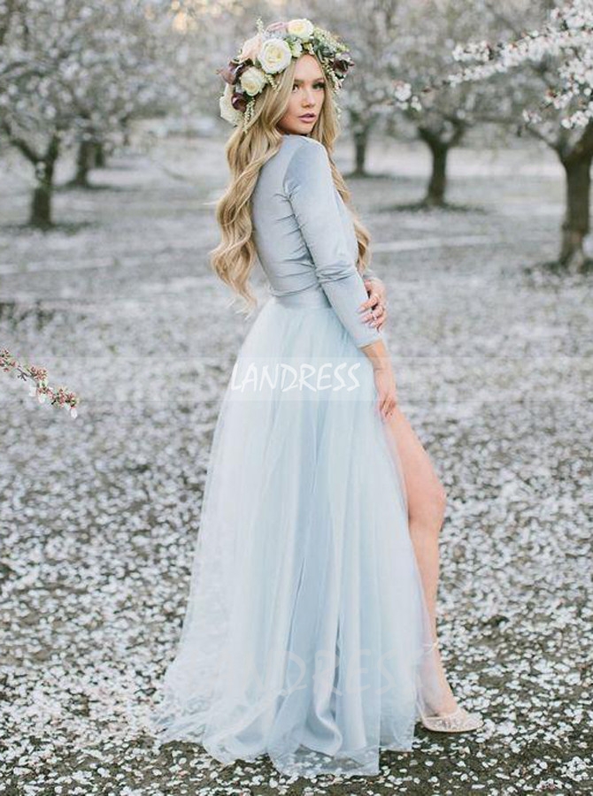 Charming Long Sleeve Tulle Royal Blue Applique Ball Gown Prom Dresses with  Beads OKN74 – Okdresses