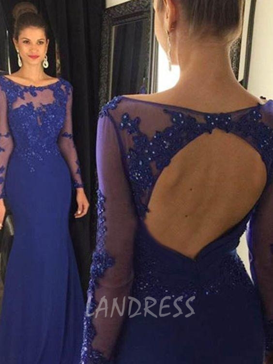 Royal Blue Tulle Prom Dresses Long Sleeves Appliques – Lisposa