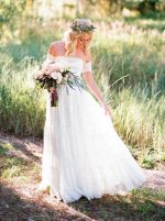 Off the Shoulder Lace Wedding Dress,Outdoor Boho Wedding Dress,12045