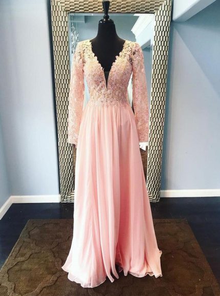 Peach Long Prom Dress,Chiffon Prom Dress with Sleeves,Prom Dress for Teens,11232