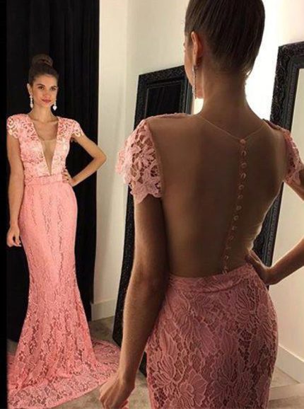 Pink Mermaid Prom Dresses,Lace Prom Dress with Cap Sleeves,Sexy Evening Dress,11171