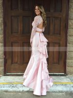 Pink Prom Dresses with Sleeves,Two Piece Satin Prom Dress for Teens,11993