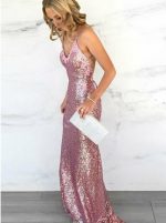 Pink Sequined Evening Dresses,Backless Prom Dress,12076