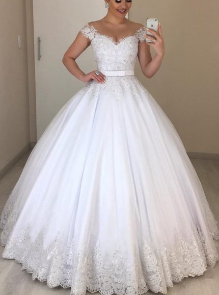 Princess Ball Gown Bridal Dress with Cap Sleeves,12297