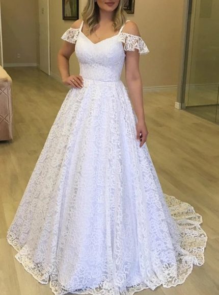 A-line Lace Bridal Dress with Off the Shoulder Sleeves,12286
