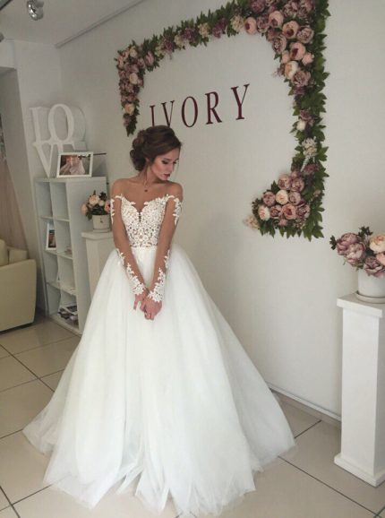 Princess Wedding Dress with Sleeves,Illusion Bridal Gown,12056