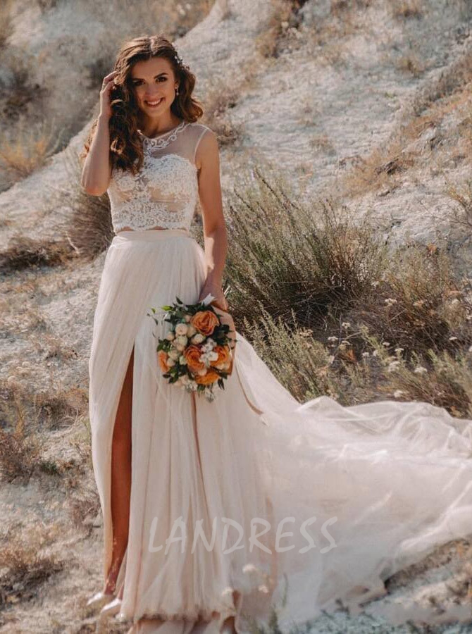 Two Piece Beach Wedding Dress with Slit,Bohemian Wedding Dress ...