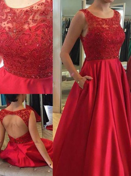 Red A-line Prom Dress with Pockets,Satin Prom Dress with Cutout Back,11211