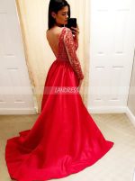 Red Beaded Prom Dresses with Sleeves,A-line Evening Dress,11934