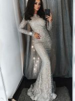 Silver Prom Dresses with Long Sleeves,Mermaid Evening Dresses,Lace Prom Dress,11195