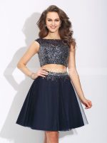 Two Piece Homecoming Dresses,Beaded Dark Navy Cocktail Dresses,11513