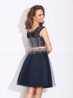 Two Piece Homecoming Dresses,Beaded Dark Navy Cocktail Dresses,11513