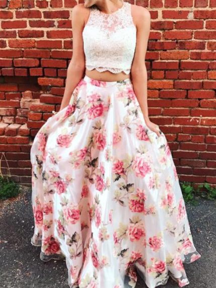 Two Piece Prom Dresses for Teens,Floral Print Prom Dress,11877