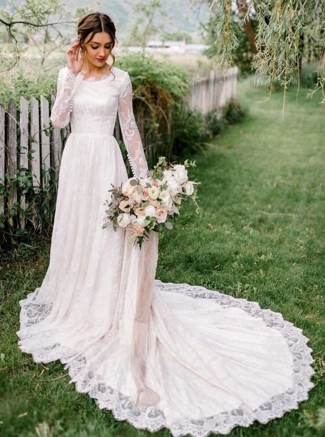 Vintage Long Sleeves Wedding Dresses,Modest Lace Bridal Dress