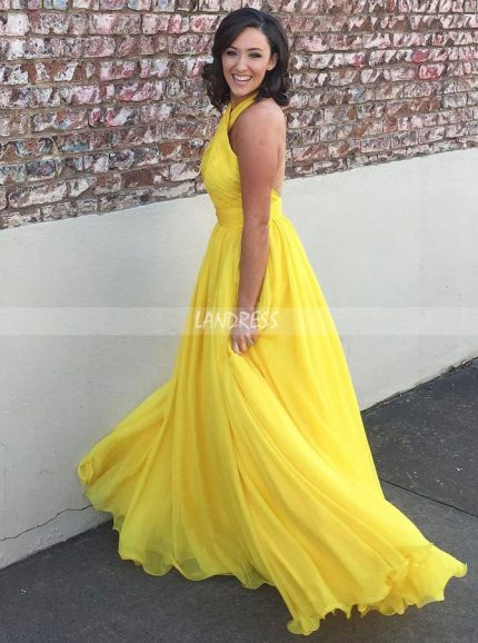 Yellow Chiffon Prom Dresses,Halter Prom Dress,Long Prom Dress,11244