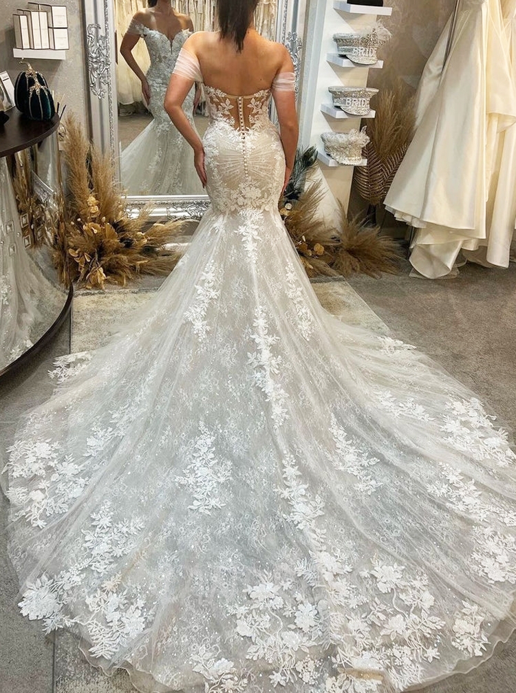 Elegant Mermaid Wedding Dresses Off-Shoulder Lace Bridal Gowns With Train  Custom | eBay
